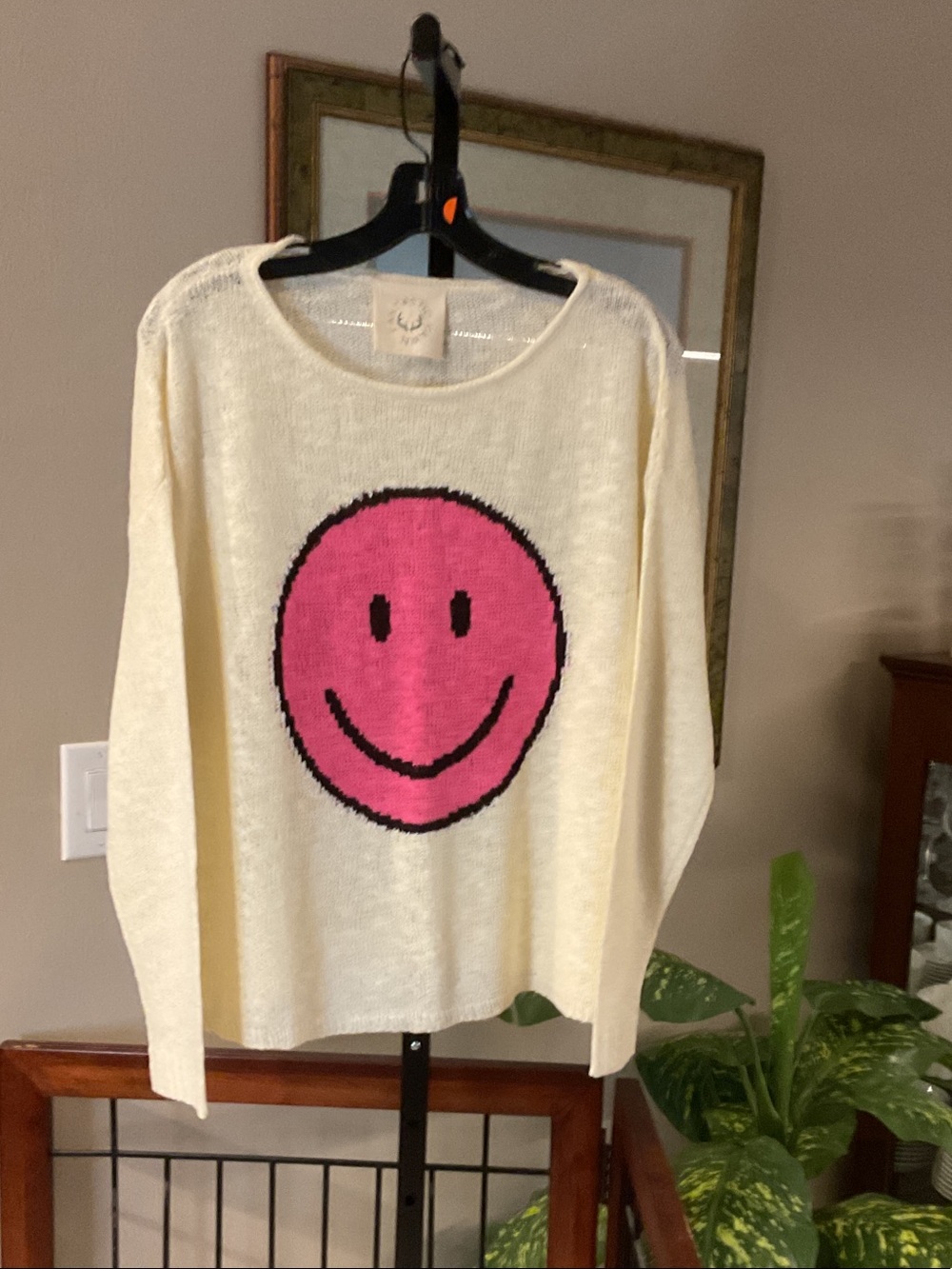 Fantastic Fawn - Cream Crewneck Sweater with Pink Smiley Face
